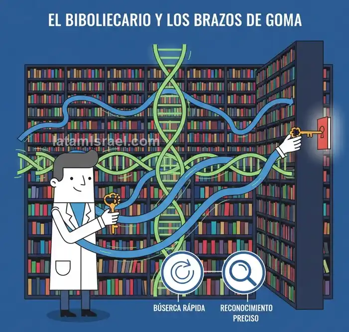 El Profesor Ariel Kaplan (derecha) y el Dr. Nir Strugo (izquierda) del Technion, investigadores líderes en regulación genética y pinzas ópticas, en un entorno de laboratorio con proyecciones de ADN.
