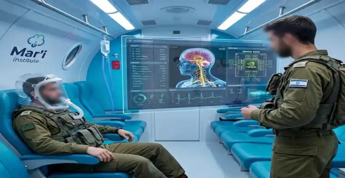 Soldados de las FDI dentro de la cámara hiperbárica avanzada del Instituto de Medicina Naval Mar'i.