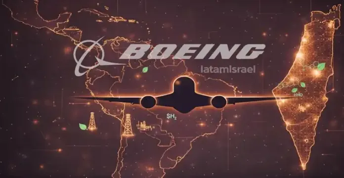 apa estratégico que conecta Israel y América Latina con la silueta de un avión comercial, destacando la colaboración tecnológica en combustibles sostenibles (SAF) e hidrógeno verde