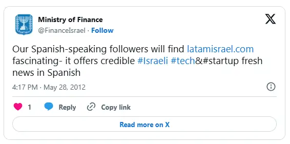 Tuit oficial del Ministerio de Finanzas de Israel recomendando a LatamIsrael como fuente de noticias tecnológicas de startups en español.