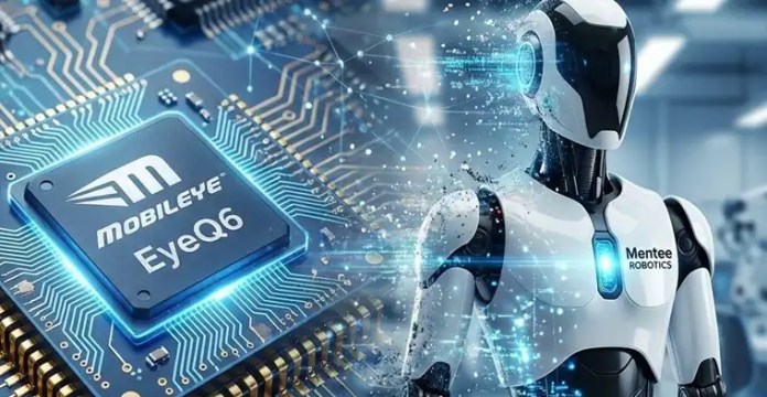 Procesador Mobileye EyeQ6 integrado conceptualmente con el robot humanoide de Mentee Robotics, representando la adquisición de 900 millones de dólares y el futuro de la IA física en Israel.