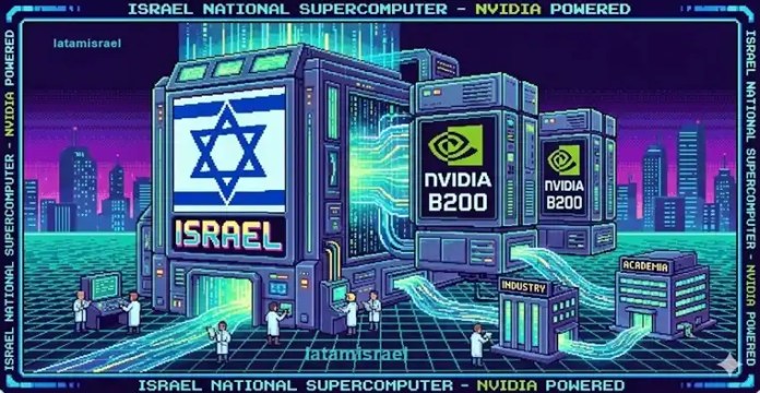 Ilustración en estilo pixel art retro del nuevo supercomputador nacional de Israel impulsado por aceleradores Nvidia B200. La imagen muestra una infraestructura central con la bandera de Israel y logos de Nvidia, distribuyendo flujos de datos a edificios etiquetados como 