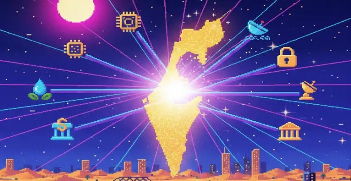 Ilustración pixelada estilo años 80 de tecnología israelí conectando con el mundo hispano
