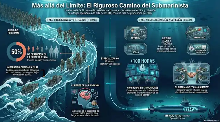Soldados de la Marina de Israel en entrenamiento táctico de submarinos destacando la tecnología de simulación y resistencia física.