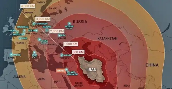 Mapa de alcance de misiles de Irán hacia Diego García y la vulnerabilidad de Europa defendida por Israel