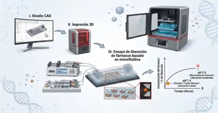 Esquema de microchip microfluídico impreso en 3D para quimioterapia de precisión